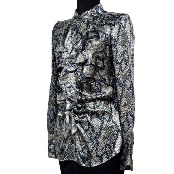 GENDER BIAS Women's Silk Ruffle Blouse Sz Small Snake Print Long Sleeve Mob Wife - Picture 6 of 12
